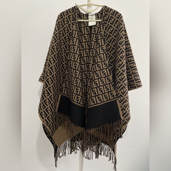 Fendi Accessories - FENDI FF logo fringed poncho wrap cape